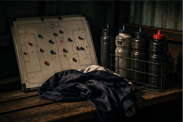 A tactics board, water bottles and a jersey on a bench.