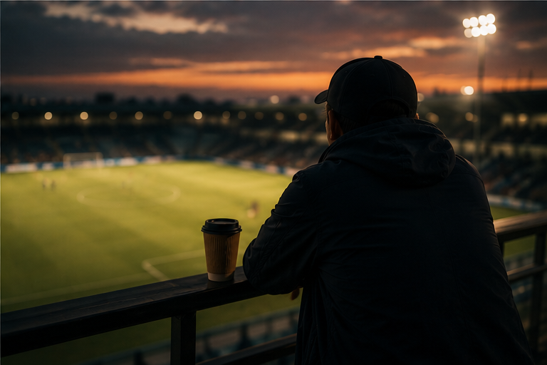 From behind, a person watching a match from the stand at dusk.