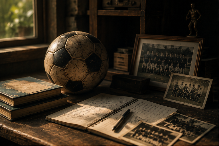 An old ball, vintage team photographs and a notebook.
