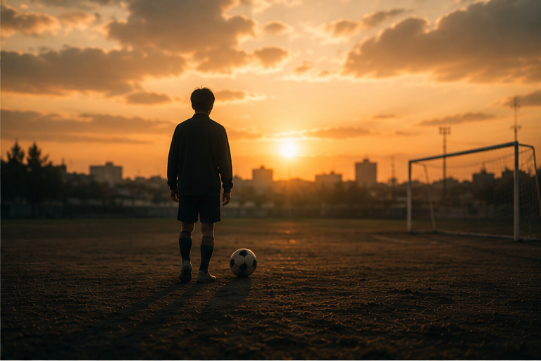 A figure on the pitch at dusk, a ball at the feet.